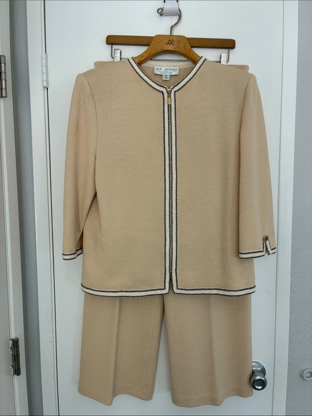 Vintage St. John Beige Knit Two-Piece Suit with Contrast Trim